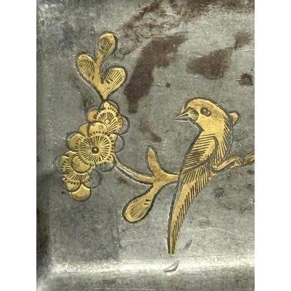 Vintage Metal Trinket Tray Hand Etched Bird Cherry Blossom Design 4 Inc By 3 In - Picture 6 of 8